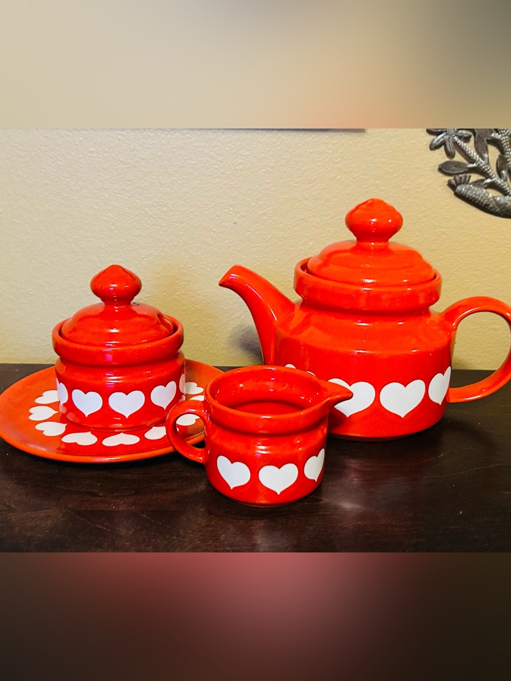 Waechtersbach red white heart tea set teapot creamer sugar plate Germany vintage